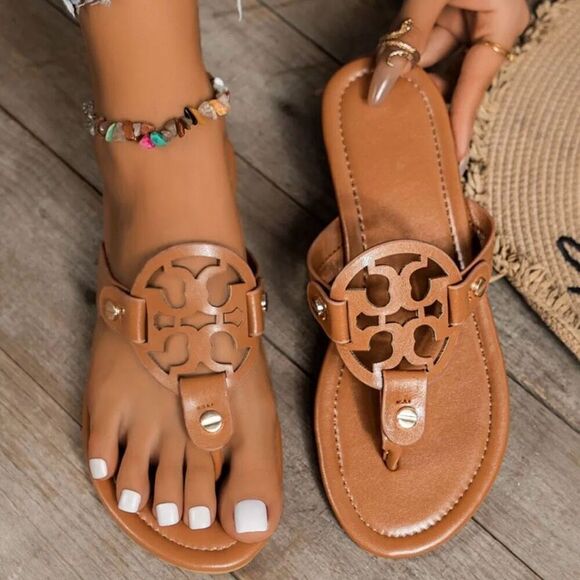 Toe Post Flats Brown Summer Sandals New - Picture 1 of 5